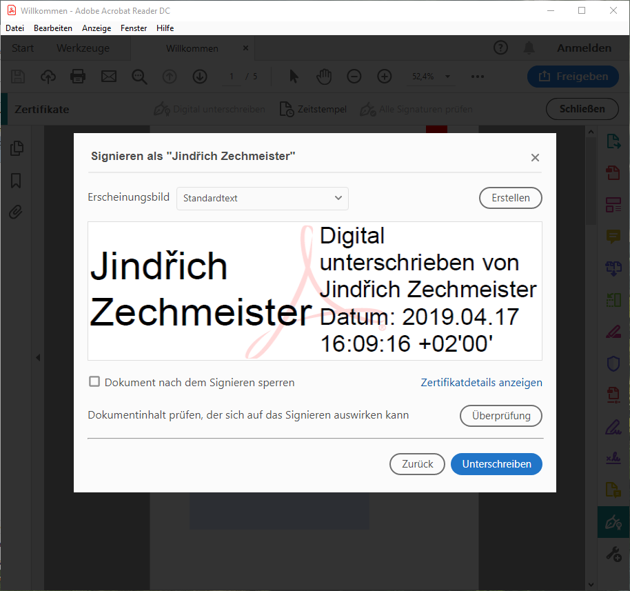 Signierung in Adobe Reader